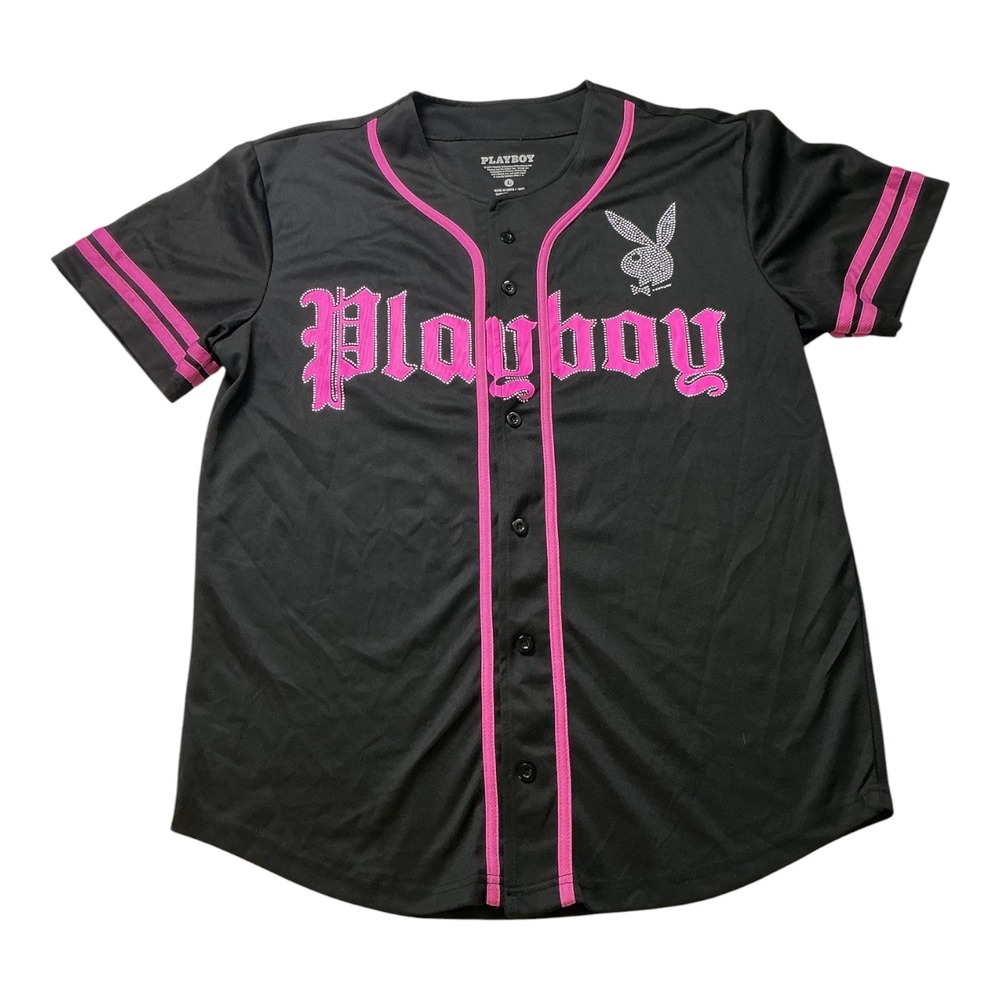 Playboy Rhinestone Baseball Jersey Black Pink Button Up Shirt Large Mens